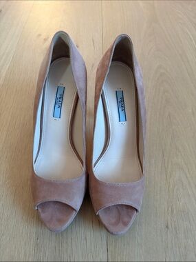 Prada Suede Peep-Toe Pumps in Dusty Rose and Tan